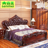 森美家具欧式真皮婚床美式深色实木床 复古1.8橡木双人床高箱储物