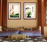 实木画框中式装饰画玄关两联客厅挂画国画花鸟壁画背景墙画