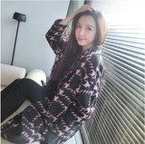 2016秋冬韩版新款中长款黑底粉色千鸟格加绒羊毛呢子大衣女外套