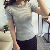 2016春装韩版修身套头短袖针织衫女镶钻小高领半袖短款上衣打底衫