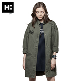 H:CONNECT韩版时尚女式中长款休闲风衣印花工装外套2016春季新款