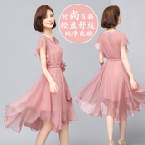 粉色雪纺连衣裙短袖2016韩版收腰显瘦时尚女装修身气质中长款a型