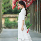 2016春夏装新款汉服棉麻连衣裙中国风宽松不规则纯色五分袖仙女裙