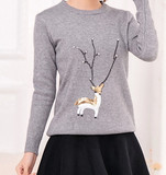 秋季韩版宽松圆领短款套头毛衣女动物图案打底针织衫单件显瘦纯色