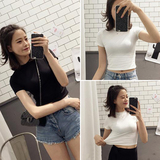 韩版2016夏季女装新款修身显瘦短款棉T恤圆领套头基础款上衣服潮t