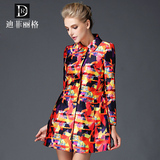 迪菲丽格欧美高端品牌2015秋冬新款女装印花中长款女士风衣外套