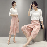 韩版衣服2016春装新款高贵20-30-40岁蕾丝阔腿裤两件套套装女装潮