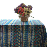 棉麻布艺桌布蓝色和 红色条纹餐桌布茶几桌台布 波西米亚民族风