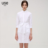 USE2016春季新款欧美简约白色衬衫式直筒收腰七分袖修身连衣裙女