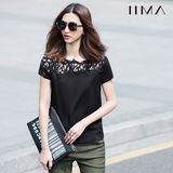Amii[极简主义]夏装短袖纯色蕾丝宽松棉T恤女式黑白色大码打底衫