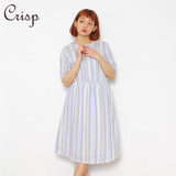 Crisp 日系可爱少女装2016夏季新品竖条纹短袖连衣裙中长款裙子女