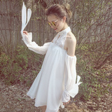 春夏新款蕾丝挂脖露肩灯笼袖雪纺连衣裙中长款甜美娃娃公主裙白色