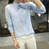 蓝白条纹衬衫女长袖韩范学院风清新 韩版修身百搭衬衣女学生上衣