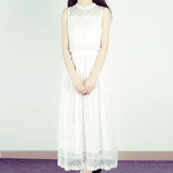 韩国16夏气质清纯白色连衣裙无袖收腰显瘦大摆背心A字蕾丝长裙