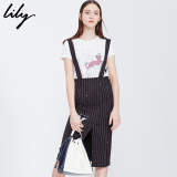 Lily2016春新款女装竖条纹前开叉背带中长半身裙116130C6204