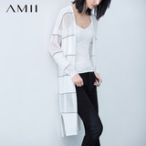 Amii2016春季新款女装简约撞色条纹拼接中长款修身长袖针织开衫女
