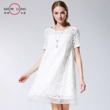 舒朗2016夏装新款时尚白色蕾丝镂空连衣裙 短袖圆领女裙DSF2L23