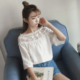 夏季韩版性感漏肩女士25韩国女装29周岁蕾丝衫18缕空24镂空上衣服
