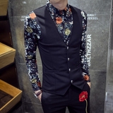 冬韩版时尚夜店男士修身假两件加绒衬衫小码发型师马甲潮男花衬衫