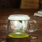 陶瓷玻璃耐热过滤茶杯子茶具绿茶马克杯带盖个人普洱泡红茶杯手绘