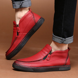 潮流男生休闲鞋中帮复古发型师皮鞋透气红色韩版板鞋时尚拉链鞋子