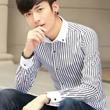 春秋季商务男士长袖格子衬衫青年休闲韩版条纹修身纯棉薄款衬衣潮