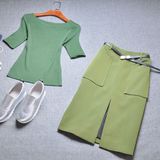 秋季套装女时尚2016欧洲站军绿色针织T恤+开叉包裙修身气质两件套