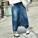 日本原单春夏嘻哈拉裆哈伦裤做旧宽松吊裆牛仔裤低裆裙裤大码女潮