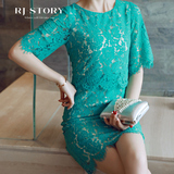 热嘉 2016春季新款韩版时尚假两件短袖蕾丝中长款打底连衣裙女装