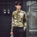 16夏秋季新品韩版男士修身印花迷彩衬衫青年长袖衬衣潮发型师
