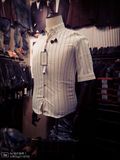 SUPERISE/英伦风格韩版修身白色蝴蝶结中袖/五分袖男士条纹衬衫