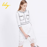 Lily2015冬正品代购115450C7120双层圆领蕾丝五分袖连衣裙