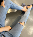 2016夏季新款韩版修身显瘦破洞裤脚前后不规则割破牛仔九分裤 女