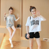 夏季韩版宽松大码短装女款全棉字母T恤+短裤运动休闲两件套装学生