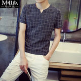 马卢达夏季韩版修身T恤男 青少年格子上衣休闲V领短袖男士打底衫