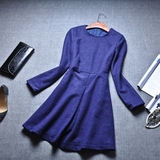 欧洲站2015秋装新款羊毛呢连衣裙蓝色长袖A字裙伞裙中长款连衣裙