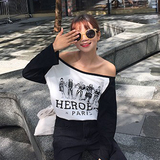 韩国ulzzang夏季女装一字领小性感后背镂空宽松长袖t恤学生上衣潮