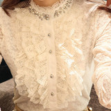 2016春装新款韩版气质钉珠打底衫长袖大码女装修身立领蕾丝衫上衣
