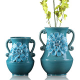 蓝色陶瓷花瓶 英式乡村田园风格可插鲜花插 现代家居软装饰品摆件