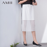 Amii2016春装新款女装系带运动条纹透视网纱百搭大码铅笔半身裙女