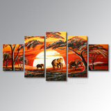 纯手绘无框油画五拼组合非洲风景墙画现代家居动物装饰画大象挂画