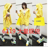 韩国代购2016春季中长款带帽外套韩版宽松工装长袖黄色风衣女潮