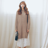 2015秋冬新款女装韩版休闲低领开叉针织衫中长款毛线宽松套头毛衣