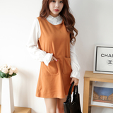 2016春装韩版女装显瘦连衣裙气质甜美木耳领衬衫背心裙两件套装