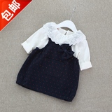 2016春秋新款 韩版幼儿女童宝宝蕾丝翻领呢子背带裙两件套装包邮