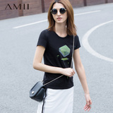 Amii短袖t恤女 夏季2016新款韩版修身显瘦 棉质几何印花圆领上衣