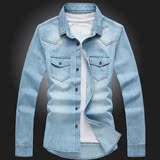 2016春秋韩版以純蓝色为主森馬外套男士长袖牛仔衬衫薄款衬衣男装