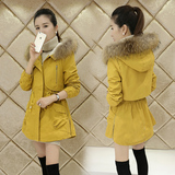 2015冬季新款韩版女修身显瘦真毛领风衣外套羊羔毛加厚连帽中长款