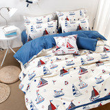全棉小清新简约地中海帆船四件套卡通被套床单床笠三件套床上用品