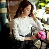 白色衬衫女粉红大布娃娃秋季新款韩版气质OL镶蕾丝领长袖衬衫女
